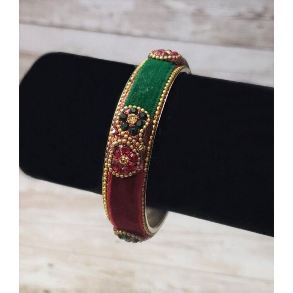 Vintage Bracelet / Bangle Red & Green Gold Tone Edging 2.25" Inside Width Small
